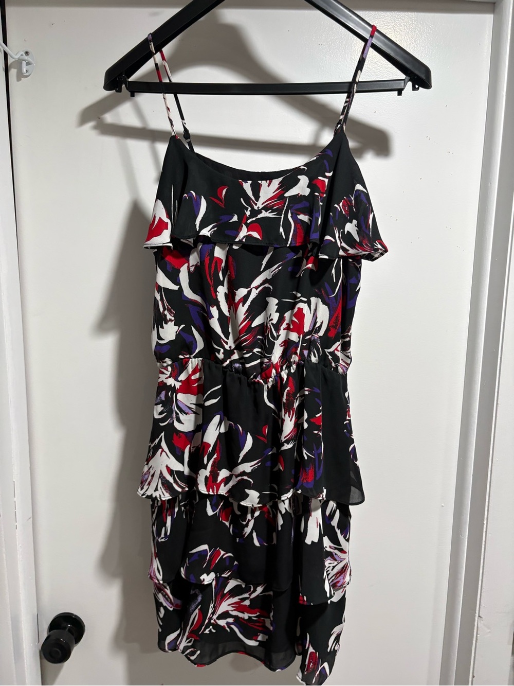 Parker One-Shoulder Layered Dress in Black, Red & Purple